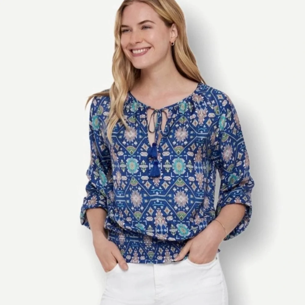 Anthropologie Ecru Weaver Kilim Royal Cobalt Blue Silk Tie Neck Tassel Blouse M